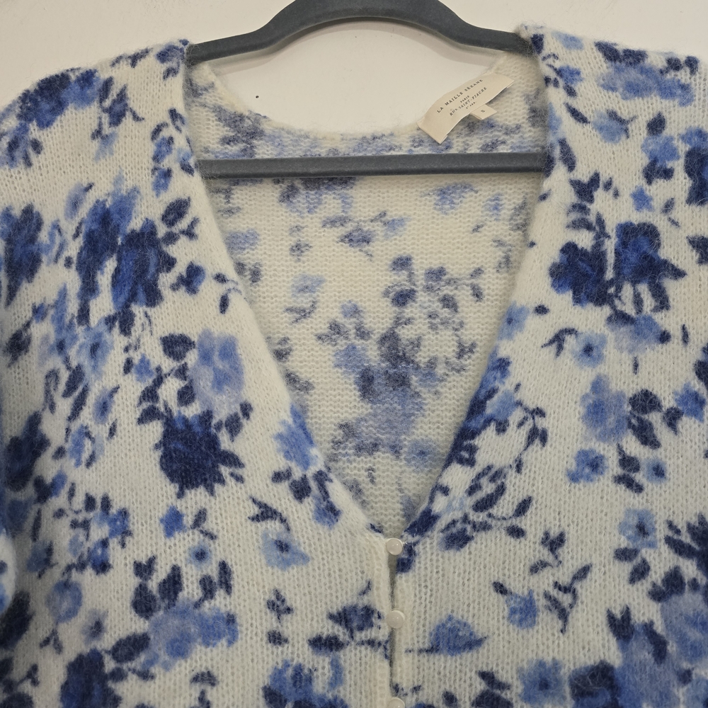 La Maille Sezane Lisette Cardigan wool Kid Mohair Blue Floral Scandi Luxury - Picture 6 of 12